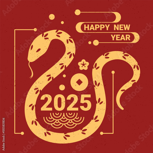 Happy New Year 2025. Vector greeting card or banner in oriental style. Snake symbol on red background. Zodiac of Chinese New Year. Silhouette of reptile with numbers of the year and decorations.