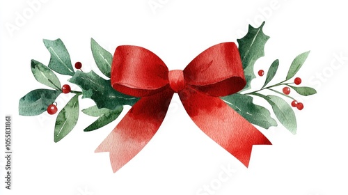 a cute Christmas bow clipart, jingle bell accent, watercolor illustration, red with green ribbon, isolated on white background