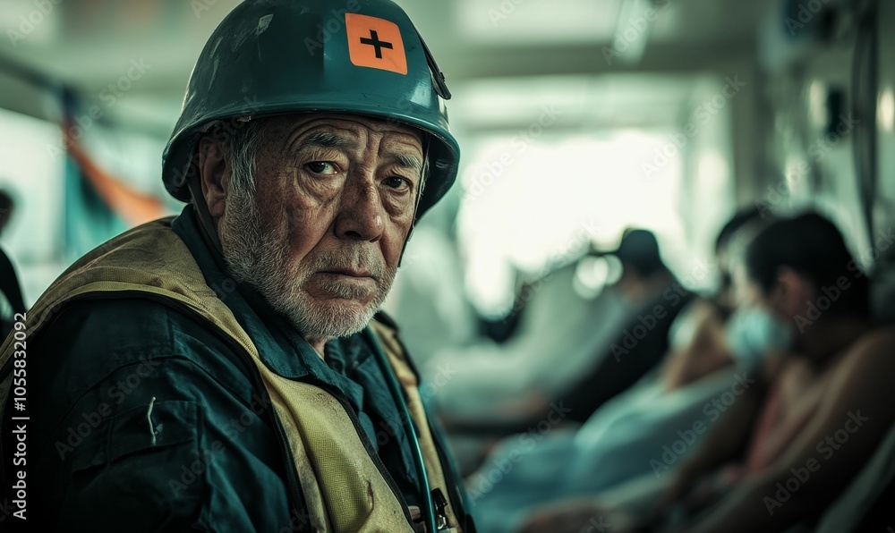 An elderly man in a hardhat looks directly at the An elderly man in a hardhat looks directly at the
