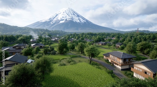 Mount Fuji towers over vibrant rice fields and quaint houses, bathed in natural light under a vivid blue sky with fluffy clouds, capturing Japan’s serene beauty