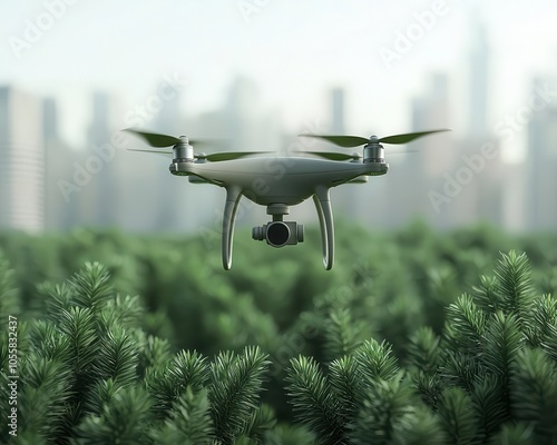 Drone capturing cityscape with green architecture, ecosmart urban design photo