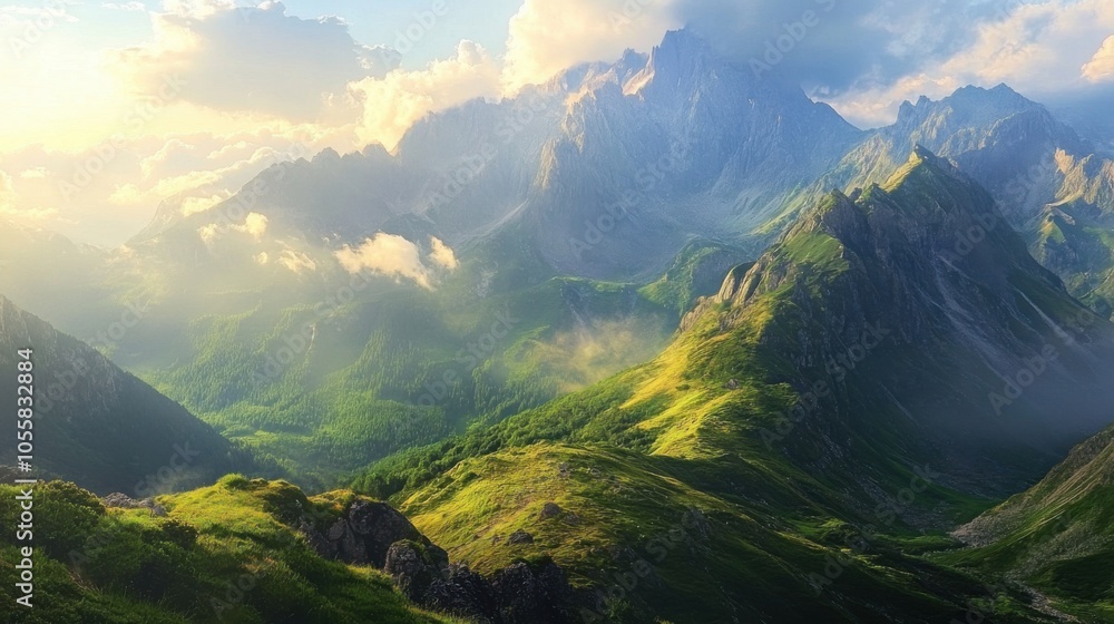 Fototapeta premium Serene mountain landscape bathed in golden sunlight and mist.