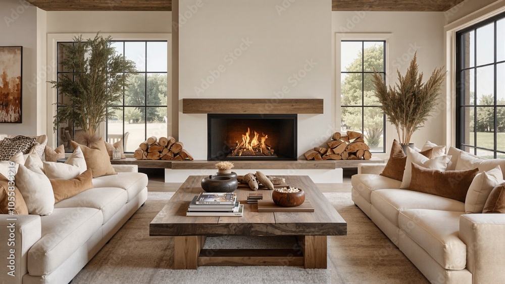 Fototapeta premium Two chairs and sofa near fireplace. French country interior design of modern living room. Generated with AI