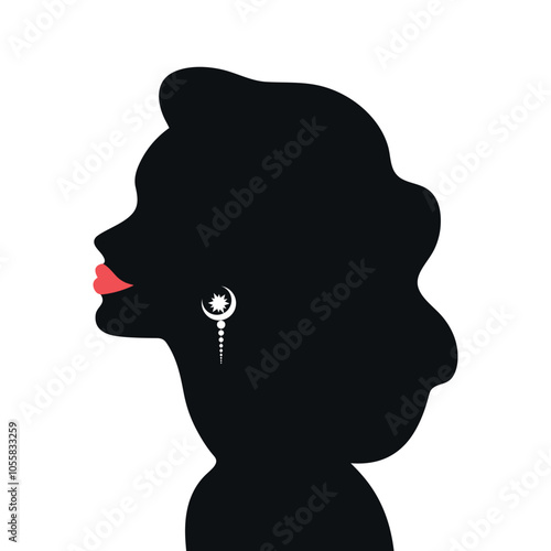 Faceless woman profile silhouette with celestial jewelry. Abstract female with star and crescent shape earrings. Vector illustration