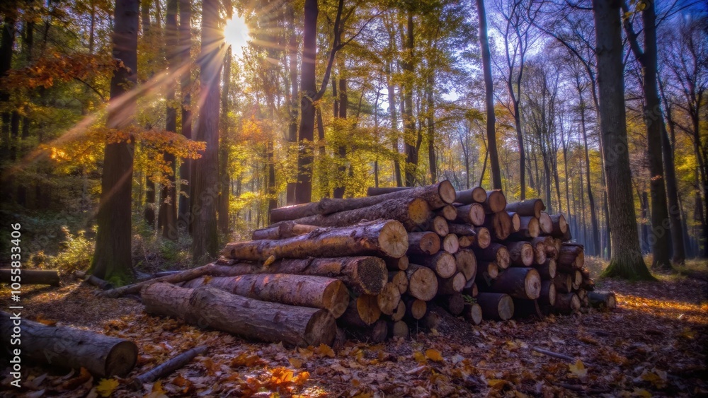 Sunbeams pierce the golden leaves of a forest, illuminating a pile of stacked logs, their bark whispering stories of past seasons. Sunbeams pierce the golden leaves of a forest, illuminating a pile of stacked logs, their bark whispering stories of past seasons.