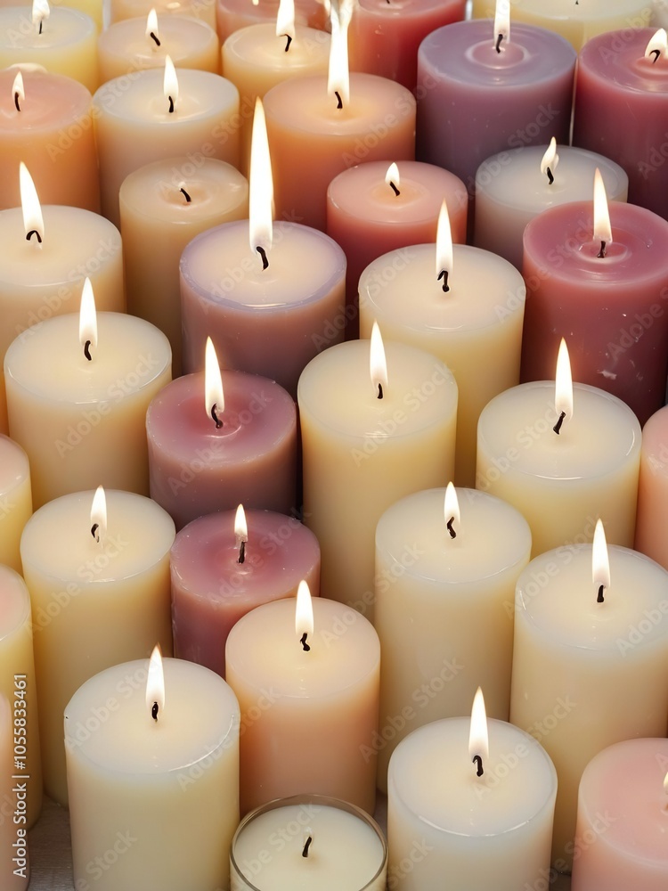 A close-up shot of various wax candles with blank labels for customization, design, retail A close-up shot of various wax candles with blank labels for customization, design, retail