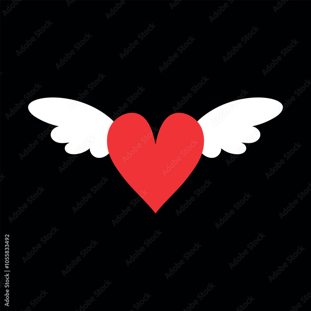 Flying red heart with white wings on black background. Vector illustration Flying red heart with white wings on black background. Vector illustration