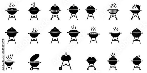 A collection of black BBQ grill icons in various styles and designs, outdoor, vector