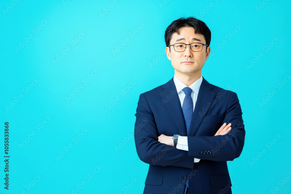 A business-professional man stands confidently with arms crossed against a vibrant blue background, exuding a sense of authority and professionalism. A business-professional man stands confidently with arms crossed against a vibrant blue background, exuding a sense of authority and professionalism.