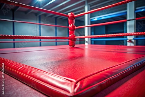 Low angle view of bright red turnbuckle pad on wrestling ring photo