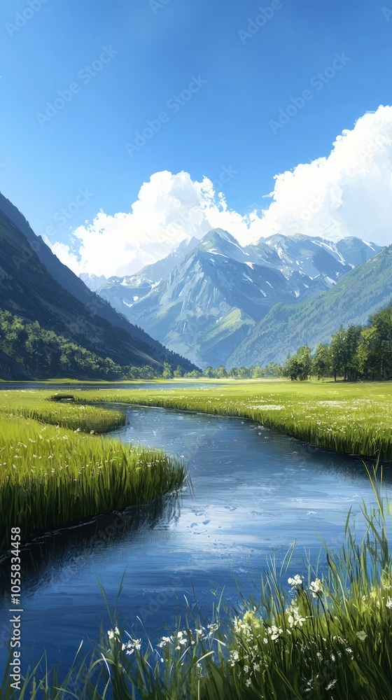 Serene Mountain Landscape with Lush Greenery and Crystal Clear Stream Under Bright Blue Sky Serene Mountain Landscape with Lush Greenery and Crystal Clear Stream Under Bright Blue Sky