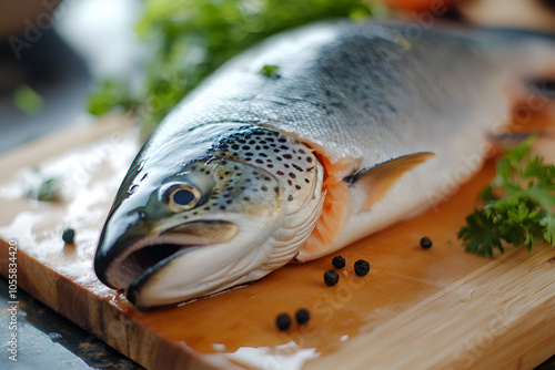 Fresh whole rainbow trout, lemons, herbs and spices on wooden board. Top view photo