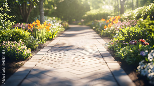 Herringbone Patterns in Nature: A Serene Garden Pathway Embracing Beauty and Design in Landscaping