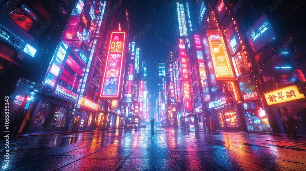 Neon-lit urban street in the rain, showcasing vibrant city life. Neon-lit urban street in the rain, showcasing vibrant city life.