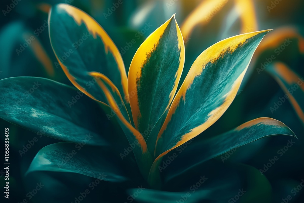 Dark green leaves with bold yellow edges, softly illuminated, showcasing rich textures and contrast Dark green leaves with bold yellow edges, softly illuminated, showcasing rich textures and contrast