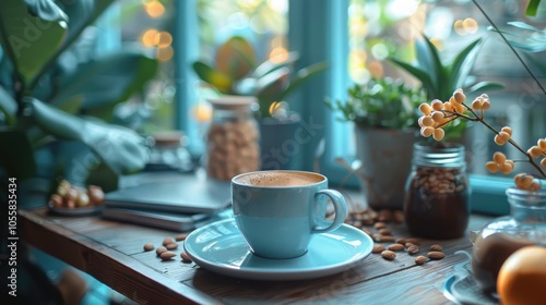 a cup of hot coffee on the table by the window. Morning coffee with croissants on the table