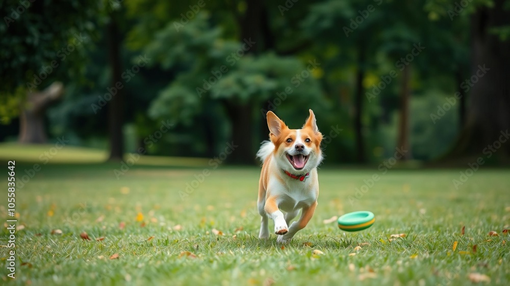 A playful dog chasing a frisbee with joyful energy in a lush green park setting, pet, animal, park A playful dog chasing a frisbee with joyful energy in a lush green park setting, pet, animal, park