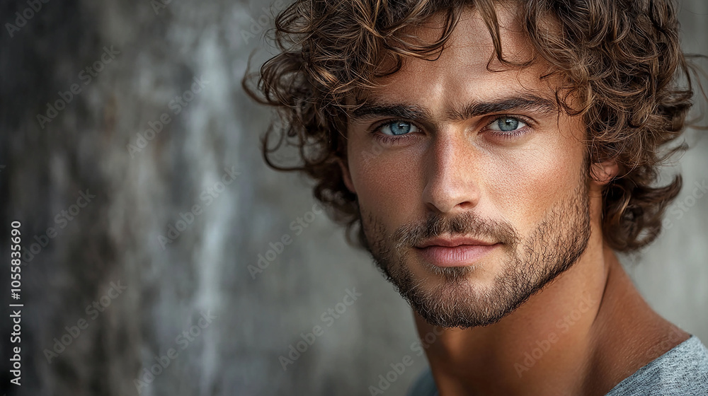 Curly-haired muscular man with a confident look Curly-haired muscular man with a confident look