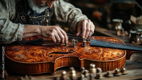 A craftsman carefully adjusts the bridge of a violin in his workshop.