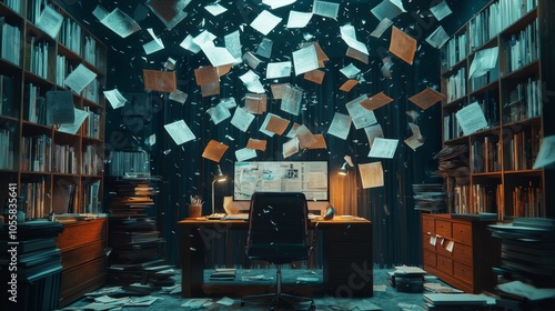 Papers flying around a cluttered desk in a home office