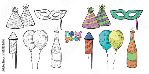 new year set icon hand drawn engrave style vector art