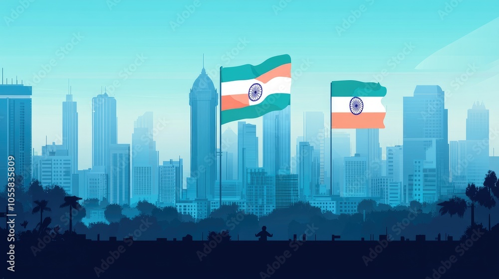 Fototapeta premium Indian flag flying in a modern cityscape background, blending past and present