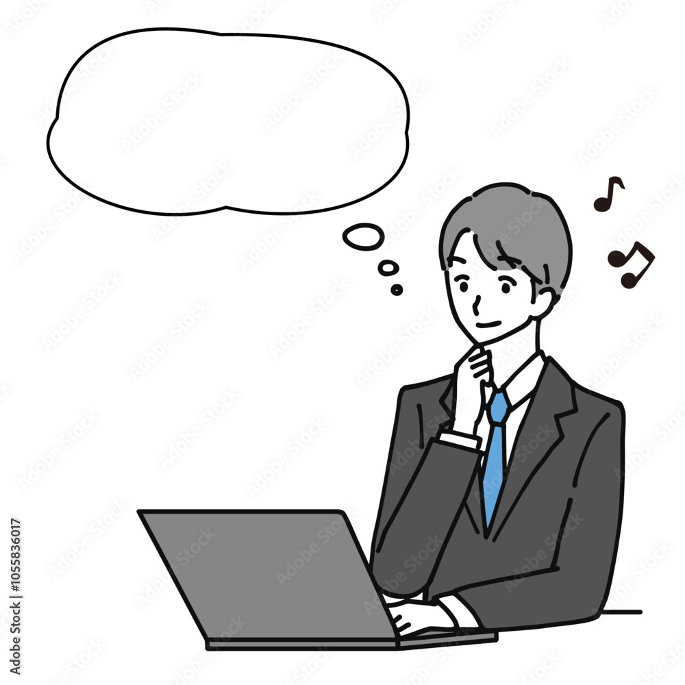 Illustration of a young businessman looking at a laptop computer and thinking.