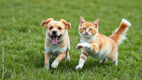 A playful duo of a dog and cat frolicking in the grass together, duo, outdoors