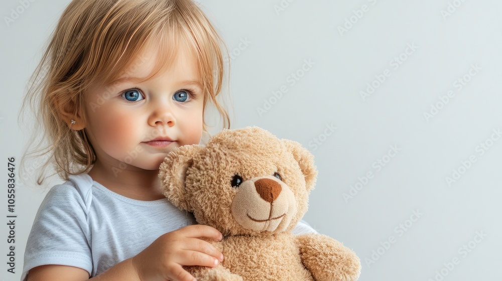 In a professional studio, a young girl with blonde hair and blue eyes beams with joy as she hugs her teddy bear close, creating an adorable and heartwarming moment In a professional studio, a young girl with blonde hair and blue eyes beams with joy as she hugs her teddy bear close, creating an adorable and heartwarming moment