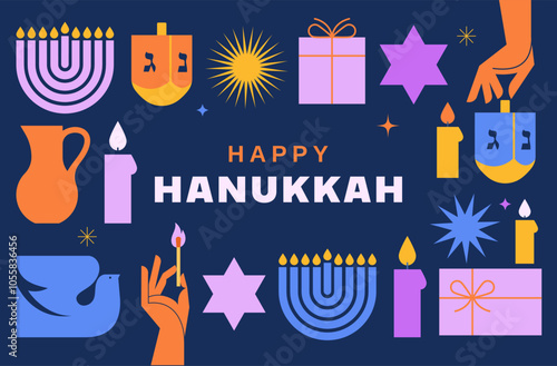 Happy Hanukkah banner, background, poster. Modern design for traditional holiday. Menorah, dove, candles and dreidel illustrations