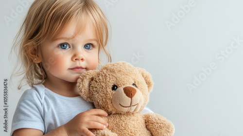 In a professional studio, a young girl with blonde hair and blue eyes beams with joy as she hugs her teddy bear close, creating an adorable and heartwarming moment