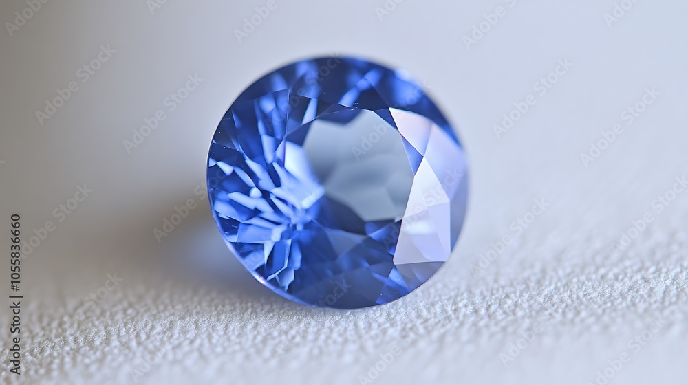 Close-up of a sparkling blue sapphire gemstone with intricate facets on a white surface Close-up of a sparkling blue sapphire gemstone with intricate facets on a white surface