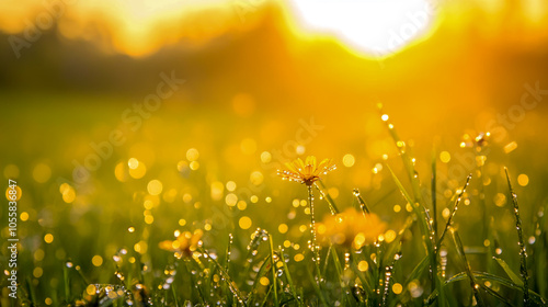 In the foreground, dewdrops glisten on the fresh green grass and flowers in an early morning meadow