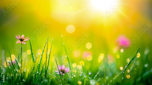 In the foreground, dewdrops glisten on the fresh green grass and flowers in an early morning meadow