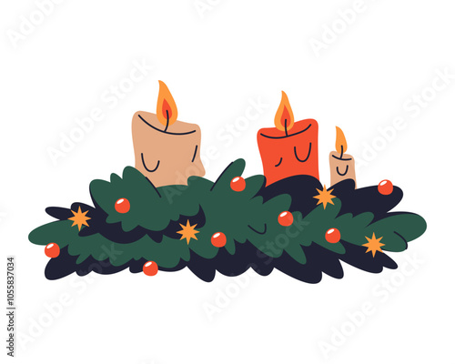 Christmas plant decor with burning candles. Vector icon or sticker. Faux or natural home decoration of evergreen tree stems. Holly berry branch or wreath. Hand made composition for relaxation.