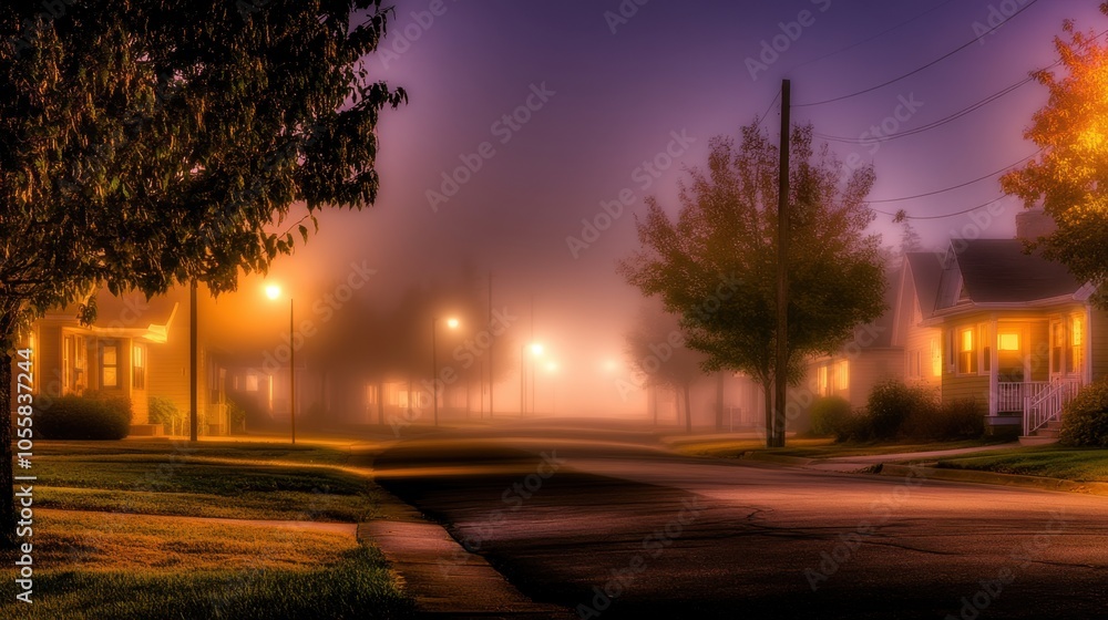 Fototapeta premium Misty suburban street at dawn with glowing streetlights