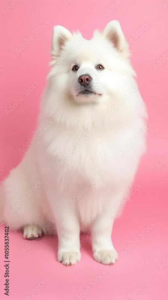 Adorable white Samoyed dog with fluffy fur sitting on a vibrant pink background, color background, vibrant, portrait Adorable white Samoyed dog with fluffy fur sitting on a vibrant pink background, color background, vibrant, portrait