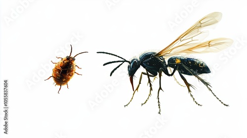 A Blue-Black Wasp with Yellow Markings and a Brown Bug with Long Legs