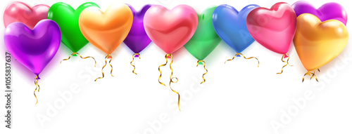 Festive Valentine's Day illustration with colored heart shaped helium balloons flying from above, on a white background.