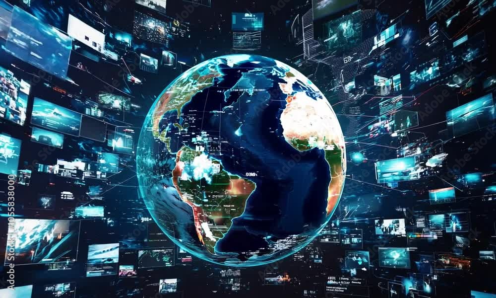 A digital representation of Earth surrounded by screens, symbolizing global connectivity and information. A digital representation of Earth surrounded by screens, symbolizing global connectivity and information.