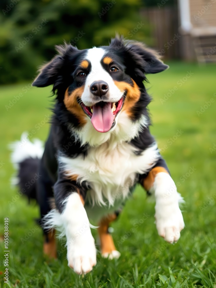 Bernese mountain dog with a big smile on its face running and jumping joyfully in a green yard, running, yard, mountain Bernese mountain dog with a big smile on its face running and jumping joyfully in a green yard, running, yard, mountain