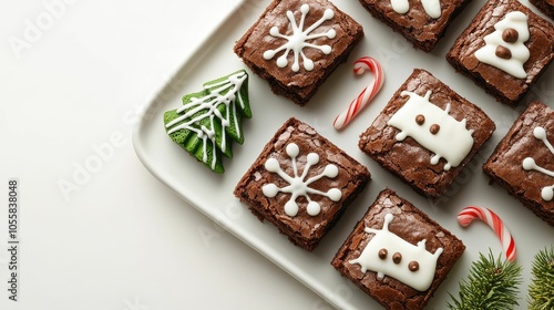 A platter of holiday brownies, decorated with Christmas trees and candy cane designs