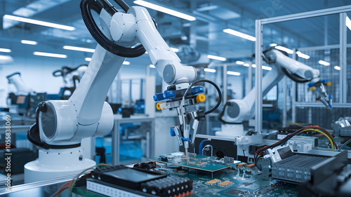 Robotic arm meticulously assembling components in a high-tech factory, representing the latest advancements in robotics and manufacturing technology. 