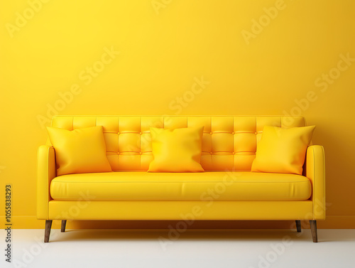 Modern Minimalistic Living Room with Soft Yellow Sofa on Matching Background
