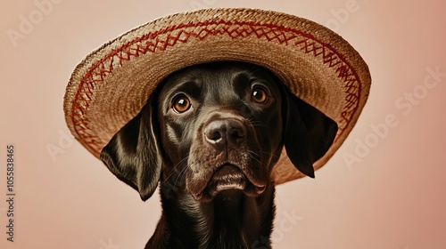 Funny dog ​​with a Mexican hat on his head. Funny pets. Traveling with a pet.

