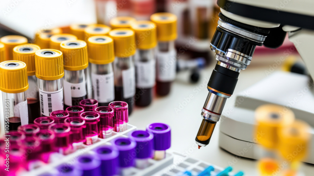 Medical laboratory microscope with blood sample tubes Medical laboratory microscope with blood sample tubes
