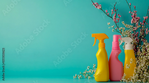 Minimalist plain cyan background for a cleaning service, with yellow and pink bottles of cleaner photo