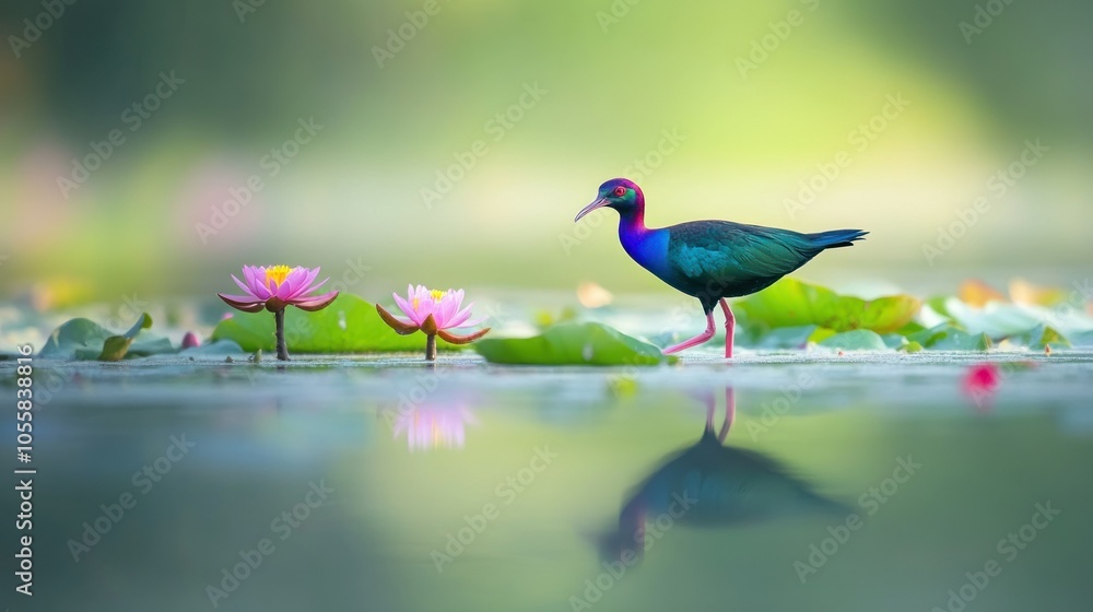Purple Swamphen Bird Walking on Water Lilies in a Pond Purple Swamphen Bird Walking on Water Lilies in a Pond