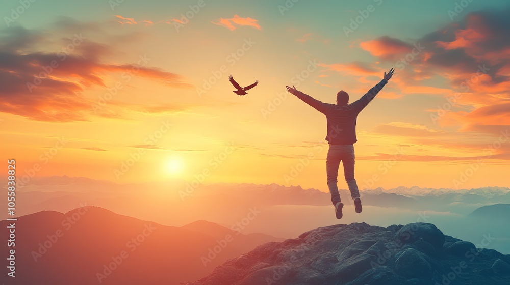 Happy man jumping on top of mountain and sunset sky star with eagle bird fly abstract background. Happy man jumping on top of mountain and sunset sky star with eagle bird fly abstract background.