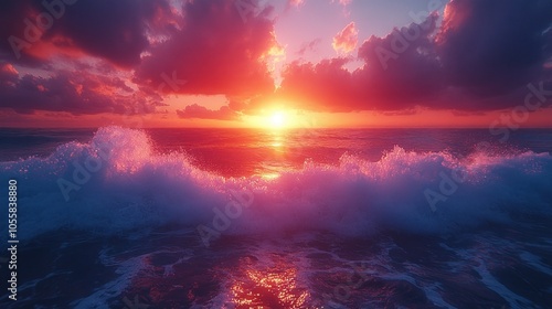 Vibrant sunset over ocean waves, creating a serene atmosphere.